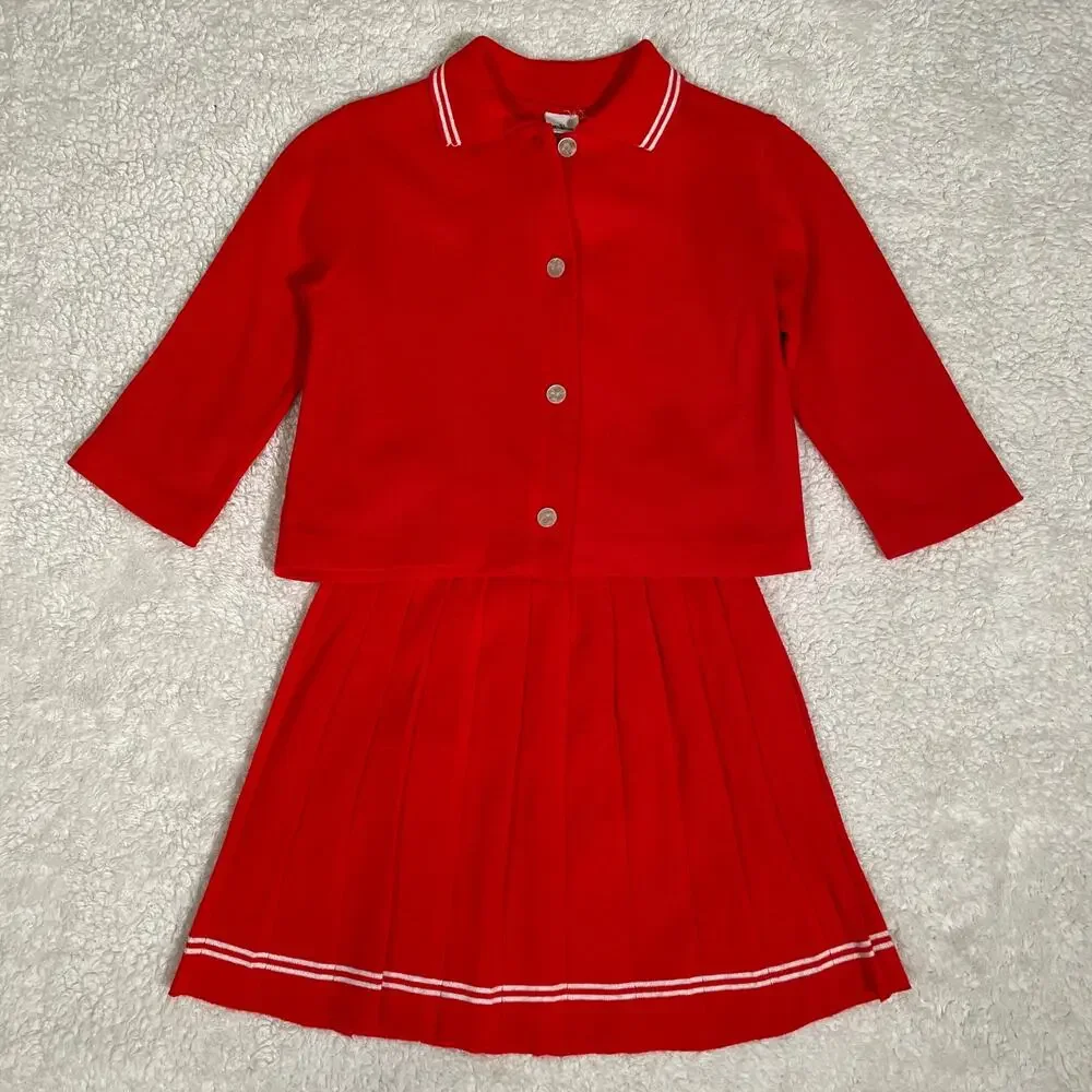 Vintage 1960's Sears 2-Piece Preppy Top Skirt Set Red Orlon‎ Acrylic Academia 6X